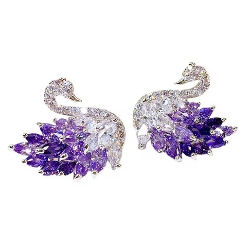 Trendy Platinum Purple Diamond Zircon Swans Silver Needle Stud Earrings Micro Inlay Jewelry on New Brass Material