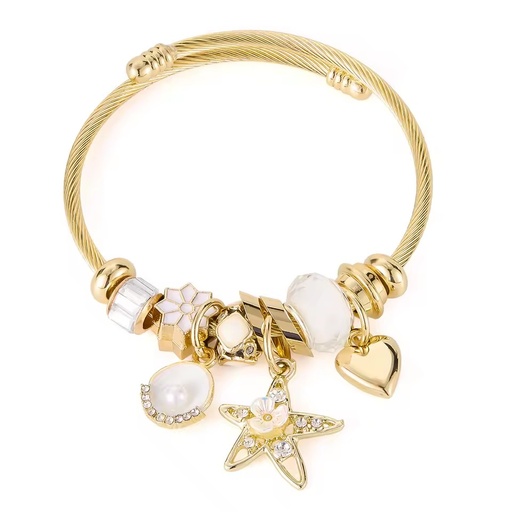 Fashion Trendy Certified Charm Bracelets Ladies Stainless Steel Gold Plated Bezel Setting Summer Beach Style Heart Shell Pearl