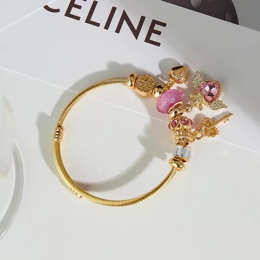 Women's Stainless Steel 18K Gold Plated Adjustable Crown and Pink Zircon Twisted Bangle Bracelet Trendy Charm