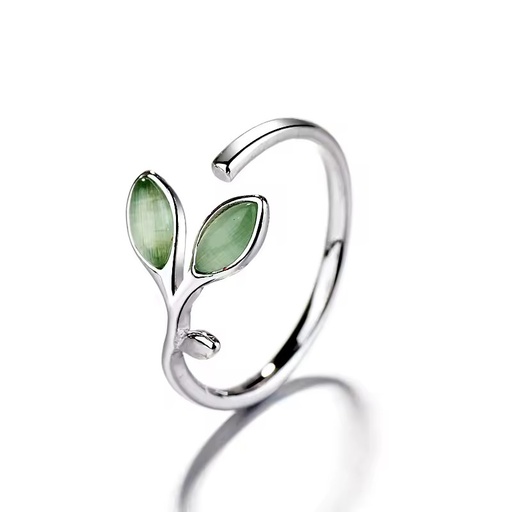 Wholesale Custom Silver Green Cat Eye Stone Leaf Ring Adjustable Open Botanical Dainty Twig Jewelry for Women