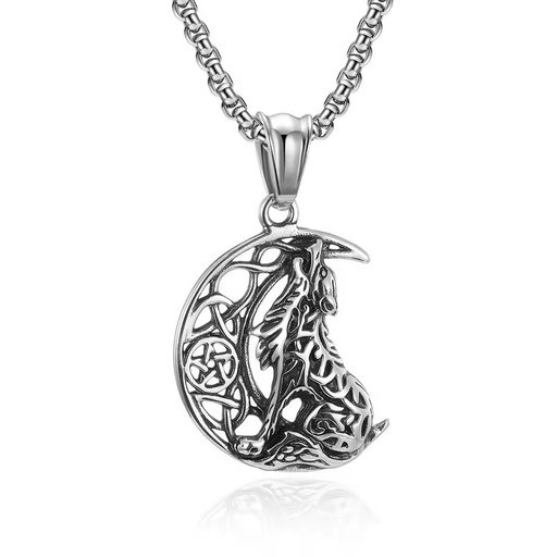 Punk Style Silver & Black Plated Stainless Steel Necklace Wolf & Moon for Men's Birthday Anniversary Engagement Daily
