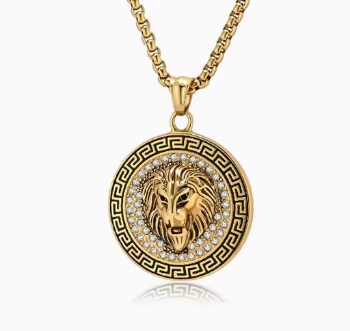 Punk Style Silver & Gold Stainless Steel Strand Necklace Lion Head with Zircon for Men's Birthday Anniversary Engagement