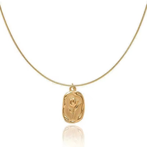 Trendy Embossed Rose Pendant Stainless Steel Necklace, Vintage Style Long Elegant Sweater Chain Accessories