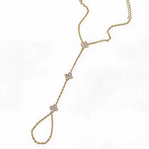 Micro Paved Four Leaf Petal Zircon Finger Chain Stainless Steel Bracelet Anklet 2 In 1 For Women