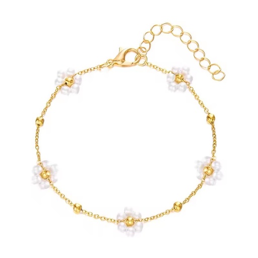 Trendy Flower Pearl Stainless Steel Bracelet, 18K Gold Plated Vintage Floral Open Bangle Elegant Wrist Accessories