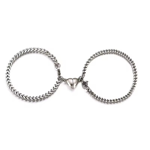 Double Heart Magnetic Couple Wrist Band, Waterproof Non Tarnish Stainless Steel Magnet Bracelet for Anniversary Gift
