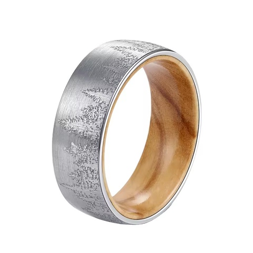Jewelry Brushed Tungsten Carbide Olive Wood Inner Wedding Band With Engraved Forest,Men's Hunting Ring 8mm