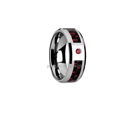 Jewelry 8mm Tungsten Ring Black & Red Carbon Fiber Inlay with Red Ruby Setting Silver Plated for Wedding Party Anniversary