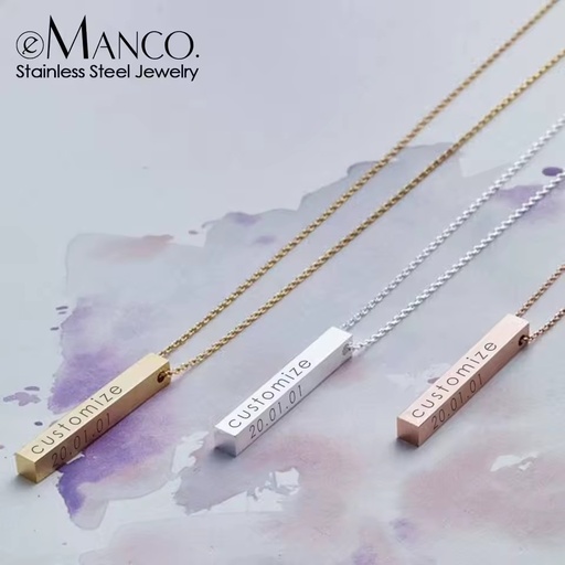EManco Necklace Custom Simple Carving Personalized square Strip Pendant Necklace Men Women Gifts Daily Wear Meaningful Necklace