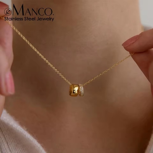 Emanco Pendant Necklace Light Luxury Elegant diamond Double Ring Pendant Necklace Stainless Steel Two-tone Exquisite Necklace