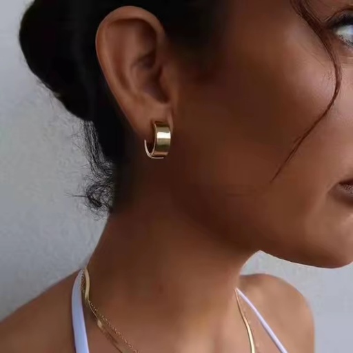Fashion Women Jewelry Stainless Steel 18k Gold Plated 8MM Width Planar HOOPS Buckle Fine Earring