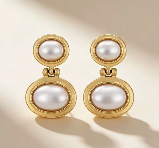 Elegant Vintage Oval Double Pearl Jewelry for Women 18K Gold Plated Stainless Steel Pearl Drop Earrings
