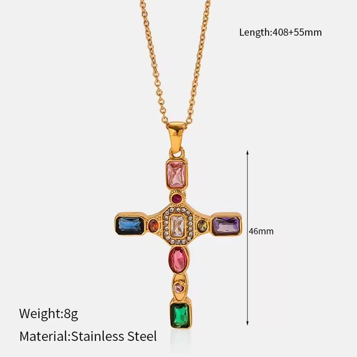 18K Gold Plated Stainless Steel Multicolor CZ Cross Pendant Necklace Waterproof Tarnish Resistant Fashion Jewelry