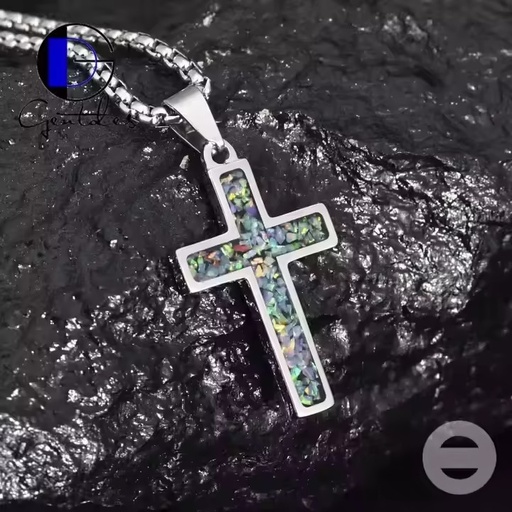 316 Stainless Steel Cross Necklace With Crushed Opal Inlay Silver Color Charming Cross Pendant for Couples