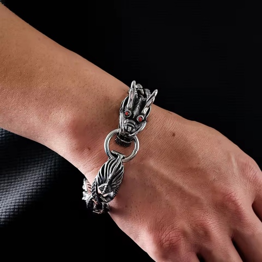 Custom Chunky Heavy Biker Jewelry 316 Stainless Steel Vintage Silver Red Eyes Dragon Bracelet for Men