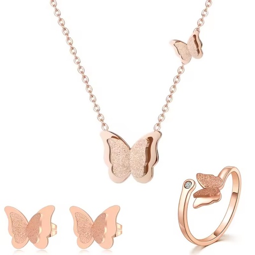 Women Bohemian Stainless Steel Rose Gold Butterfly Necklace with Link Chain High Quality Jewelry Set for Gift & Engagement