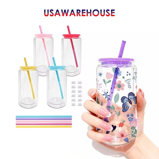 Warehouse RTS 16 oz Snow Globe Sublimation Double Wall Glass Blanks With Colorful Lid and Pre Drilled Beer Can Glass Cup