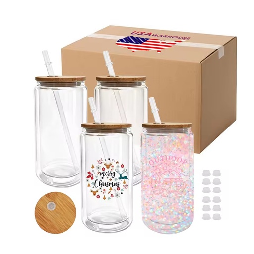 Warehouse RTS 16 Oz Glass Snow Globe Tumbler with Bamboo Lid 50 Pack Double Wall Tumblers with Pre-Drilled