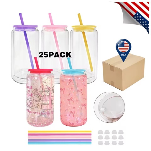 Warehouse RTS 16 oz Snow Globe Sublimation Double Wall Glass Blanks Travel Glass Can Cup With Colorful Lid for DIY