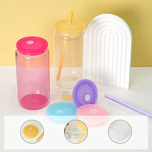 16oz Clear Plastic Leak-Proof Food Safe Mason Libby Soda Juice Beer Tumbler with Colored Lids and Straw