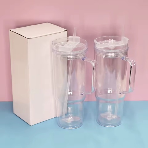 In Stock 40oz Double Wall Unbreakable Reusable Transparent Tumbler Mug with Handle for Straw Lid Pre-Drilled Hole Plastic