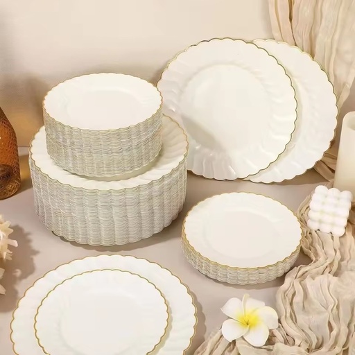 Ivory Eco-Friendly BPA Free Disposable Plastic Plates with Gold Rim Heavy Duty Floral Design for Weddings & Parties