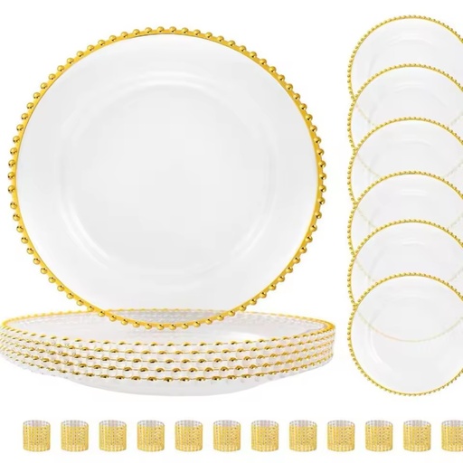 Elegant Luxury 13 Inch Gold Beaded Charger Plate Durable PP Plastic Reusable Transparent Wedding Banquet Plate