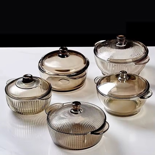 Classic Brown Double Handle Salad Crystal Bowl Set with Lid Wholesale Gift for Kitchen Use