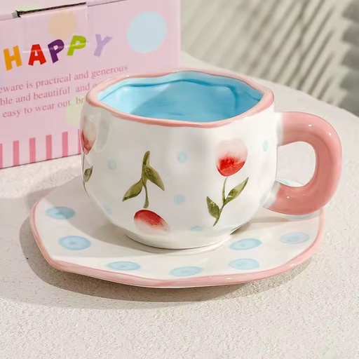 Ins Style Hand-Painted Ceramic Cup & Saucer Set, Handmade Pottery Tea Cup, High Appearance Afternoon Tea Mug for Women