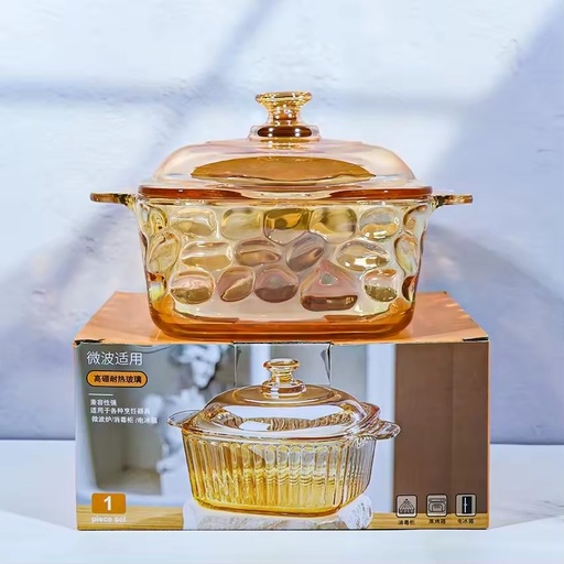 Heat Resistant Eco-Friendly Amber Glass Soup Bowl Lid Modern Borosilicate Kitchen Tableware Double Handle Crystal Salad Bowl Set