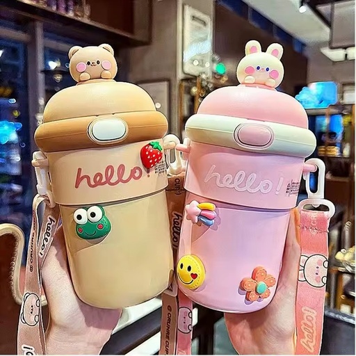 Wholesale YUANHE Cartoon Modern 3D Sticker Glass Water Bottle Leak-Proof Drop-Proof Portable Reusable Shoulder Strap for Girls
