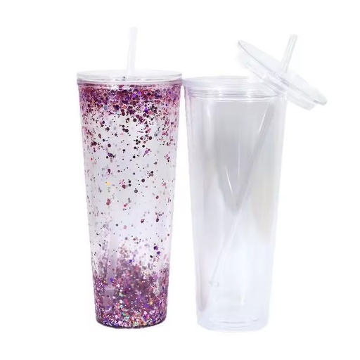 BPA Free Reusable Double Wall 24oz Plastic Snow Globe Tumbler Clear Acrylic Pre-drilled Camping Water Cup with Straw Stopper