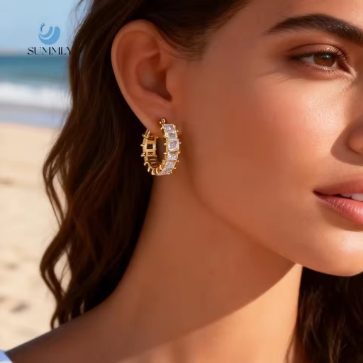 SUMMLY Trendy Classic C-shaped Inlaid Zircon Geometric 18K Gold Plated Stainless Steel Hoop Earrings Fashion Jewelry