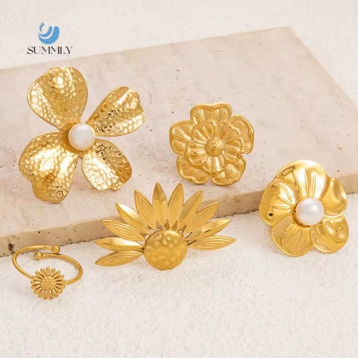 SUMMLY Wholesale Vintage Flower Open Rings Set Pearl Sunflower Waterproof 18K Gold Plated Stainless Steel Fashion Jewelry