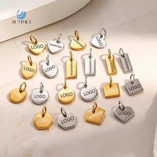 SUMMLY Private Label Custom Engrave Blank Stainless Steel Tags Heart Oval Square Charms for Necklace Bracelet DIY Brand Custom