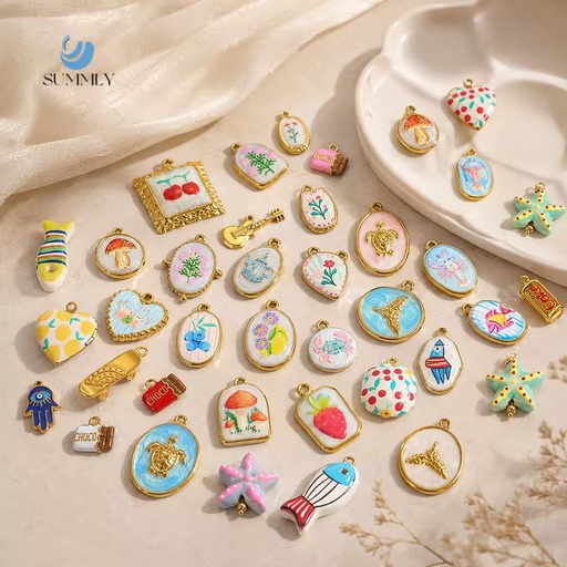 SUMMLY Trendy OEM ODM Custom Cute Enamel Charms Ocean Fruit Travel Music Cartoon Heart Oval Pendants for Handmade Jewelry DIY