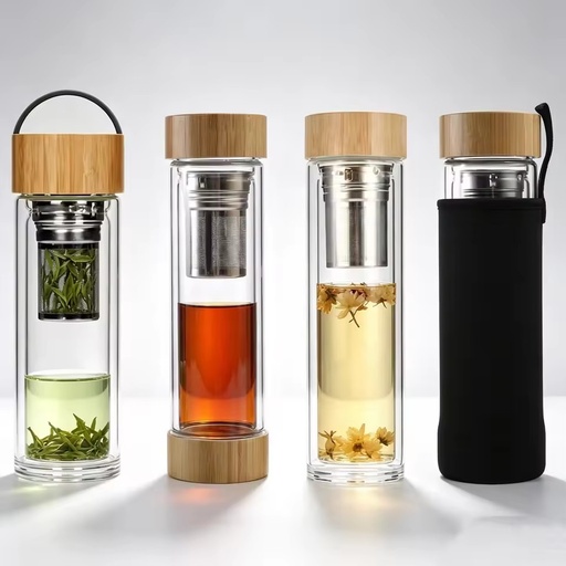 Food Grade Glass Tumbler, Double Wall High Borosilicate Glass Water Bottle with Tea Infuser Filter Lid 350ml 450ml 500ml