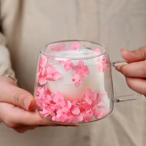 200ml Wall Glass Cup with Dry Flowers Inside Clear Borosilicate Glass Tea Cup Coffee Mug with Handle