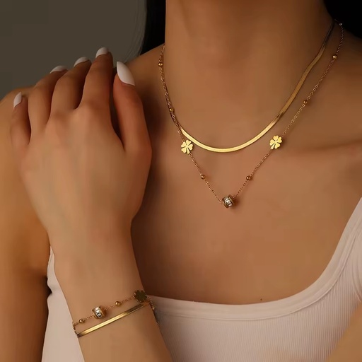 Necklace Bracelet Four-Leaf Flower Transfer Double-Layer Bead Set Stainless Steel Blade Gold-Plated Islamic Non-Fading Fashion