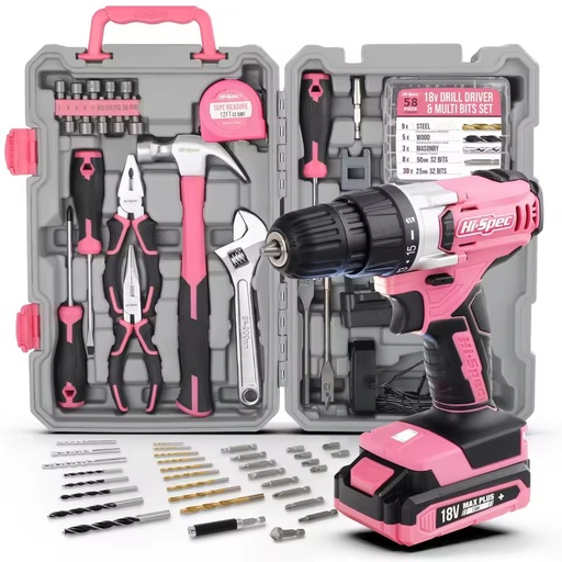 81pc Women Pink 18V Electric Drill Driver Hard Case Multi-Purpose Home DIY Hand Tool Kit Set Portable Cordless Repair OEM ODM
