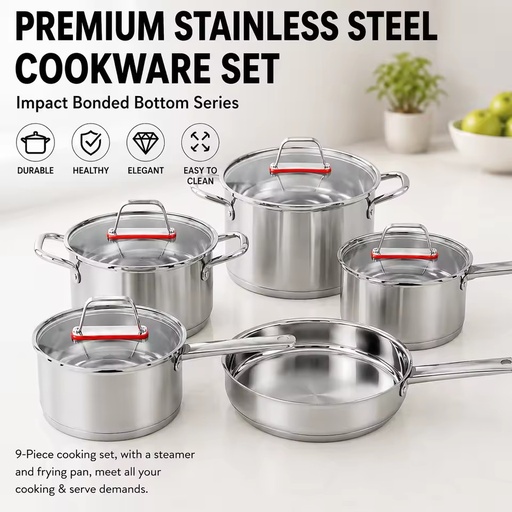 Factory Supply Stainless Steel Pots Pans 9PCS Cookware Set Handle Glass Lid Impact Bonded Bottom Induction Compatible Dishwasher