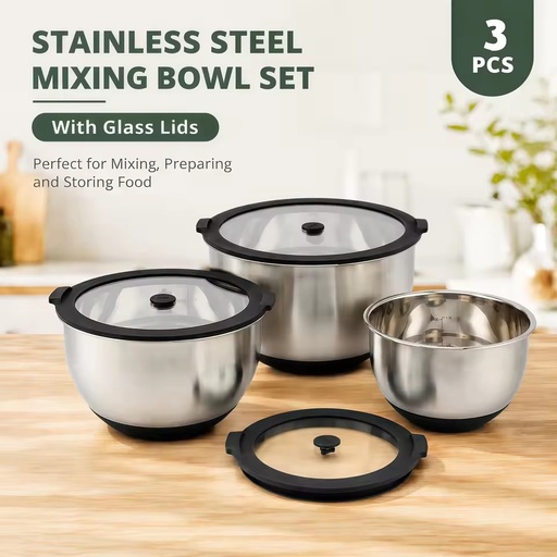 Premium Stainless Steel Mixing Bowl Set with Glass Lid Silicone Rim & Handles Non-Slip Base Measuring Scale 3pcs Nesting
