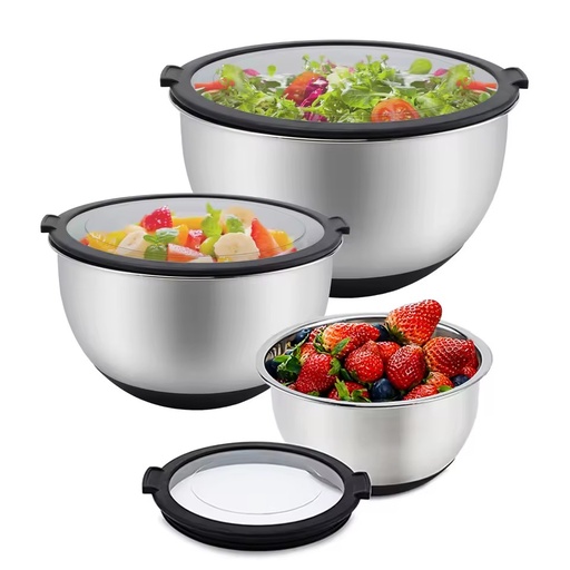 Kitchen Stainless Steel Mixing Bowl Salad Bowl 1.4/2.8/4.7L Metal Mixing Bowls with Transparent Lids Ruhrschussel Aus Edelstahl