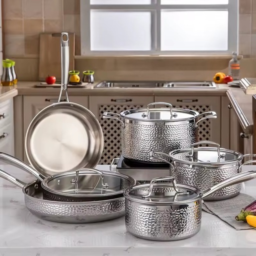 Custom High Quality 6 PCS Tri-ply Stainless Steel Pots and Pan Hammered Cookware Set