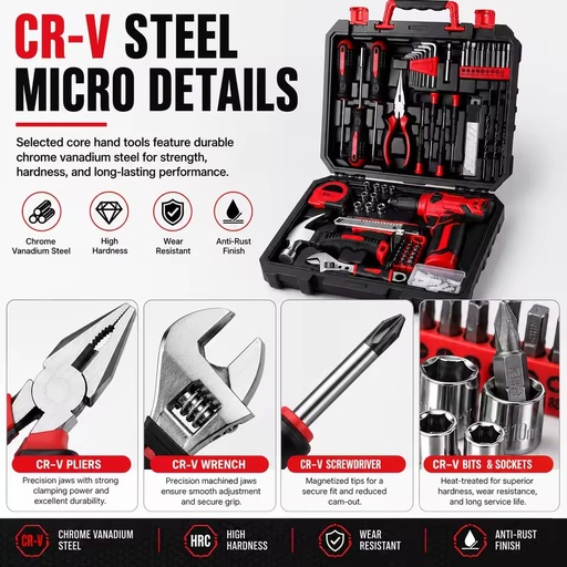 126PCS Professional Auto & Home Repair Tool Kit with CR-V Sockets & Ratchet Wrench High-Torque Durability Blow Mold Case