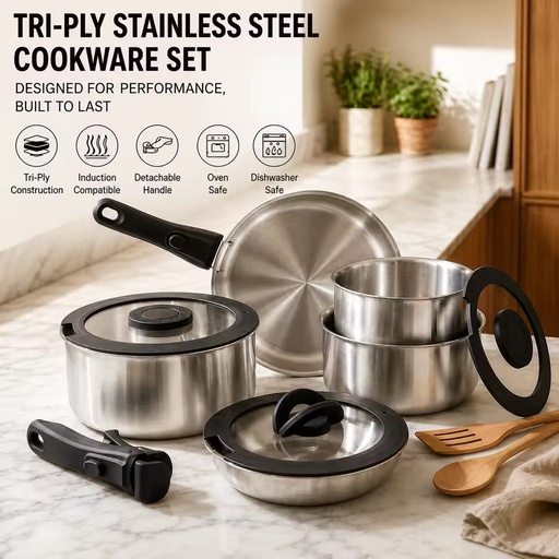 10PCS Classic Tri-ply Stainless Steel Cookware Set with Detachable Removable Handles Induction Compatible Dishwasher Safe