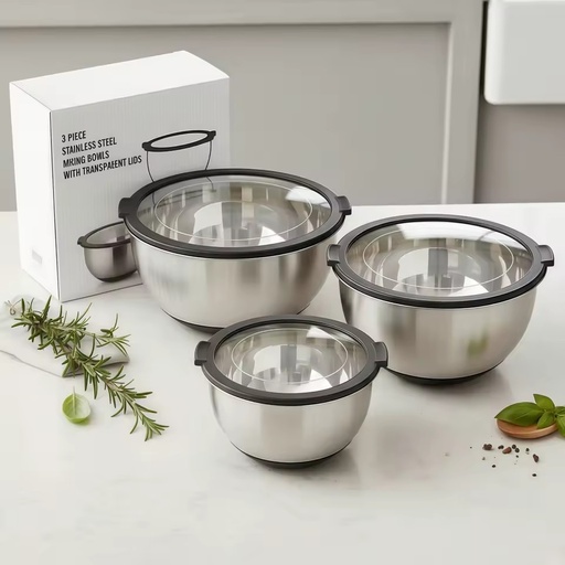 Wholesale in Stock Kitchen Salad Mixing Bowls Set of 3 Metal Stainless Steel Mixing Bowl With Transparent Lid
