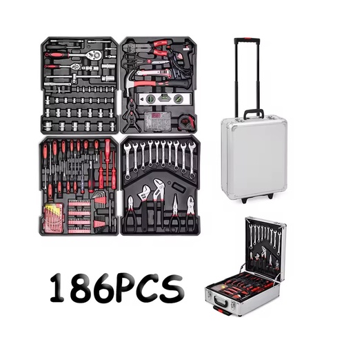 186 Piece Aluminum Suitcase Tool Box Set with Wheels Auto Repair Essentials Including Sickle Hard Case Packaging