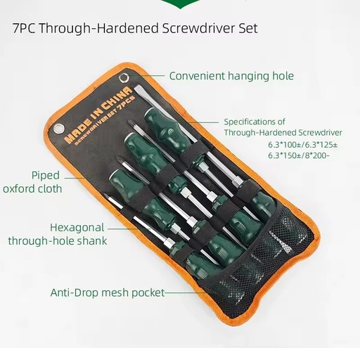 7PC Through-Hardened Screwdriver Set with Oxford Cloth Pouch & Hexagonal Shank