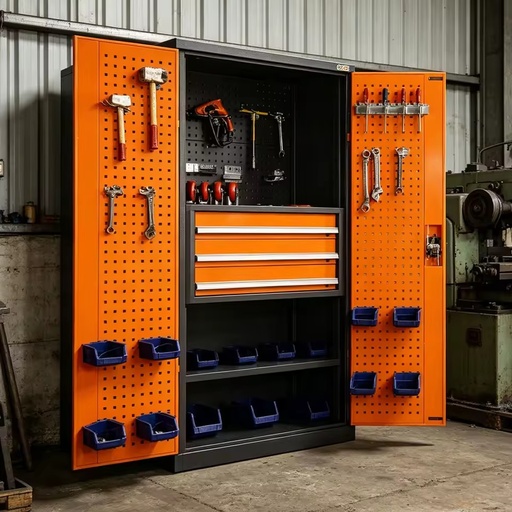 Heavy Duty Steel Tool Cabinet with Pegboard, Drawer & Adjustable Shelves, Storage Cabinet for Heavy Workshop Machining Tools